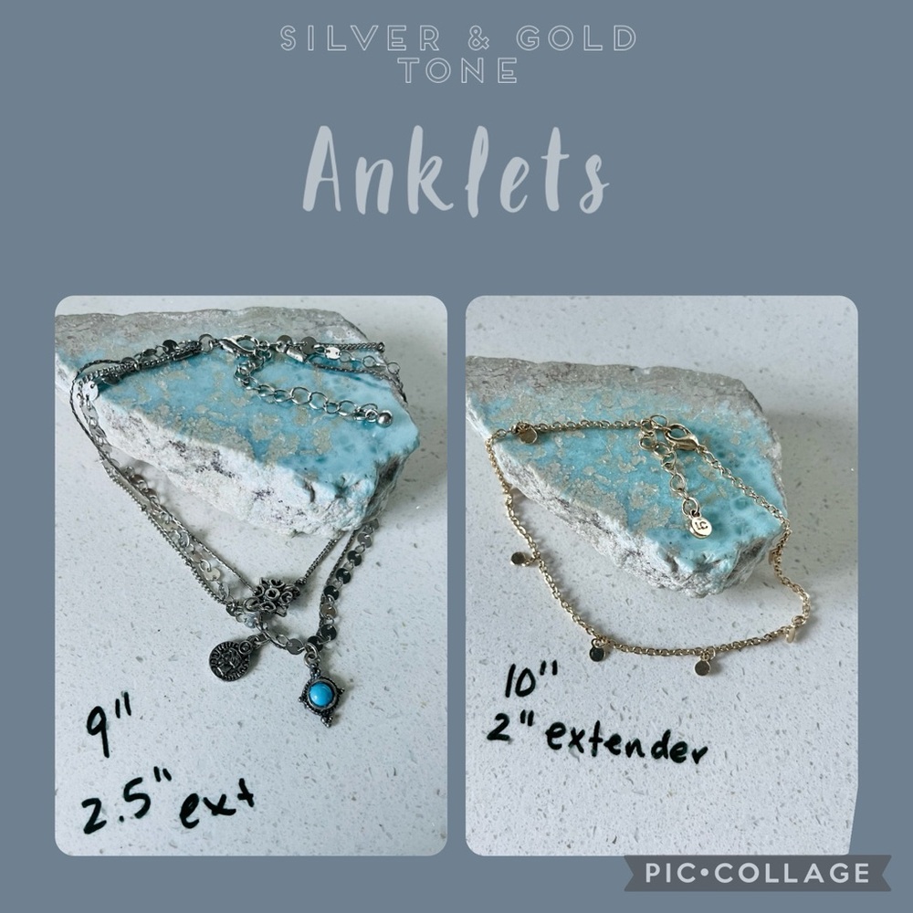 Pair of anklets one gold one silver, triple-chain layered